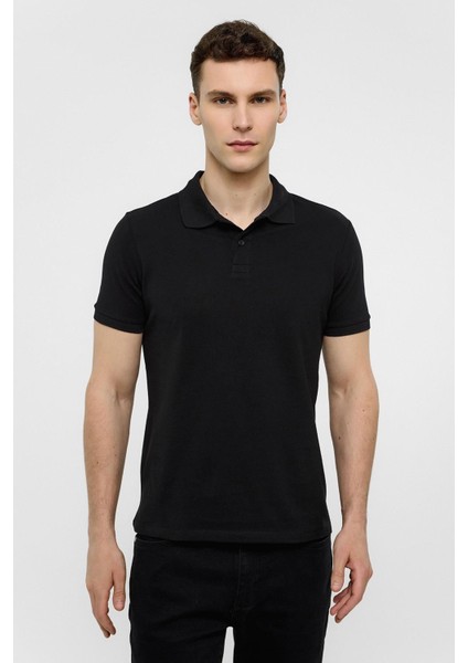 Siyah Slim Düz Polo Yaka Tişört