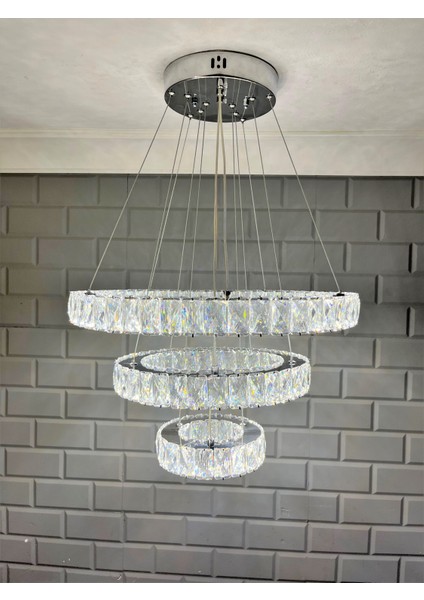 Kristal Taşlı Krom Modern Sarkıt LED Avize, 3 Renk Ledli, 50-35-20CM, EA4001