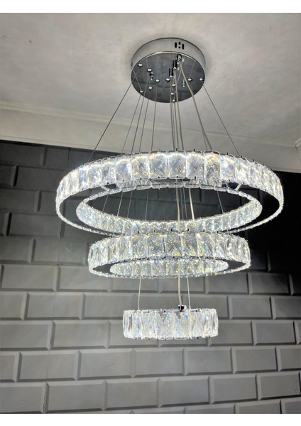 Kristal Taşlı Krom Modern Sarkıt LED Avize, 3 Renk Ledli, 50-35-20CM, EA4001