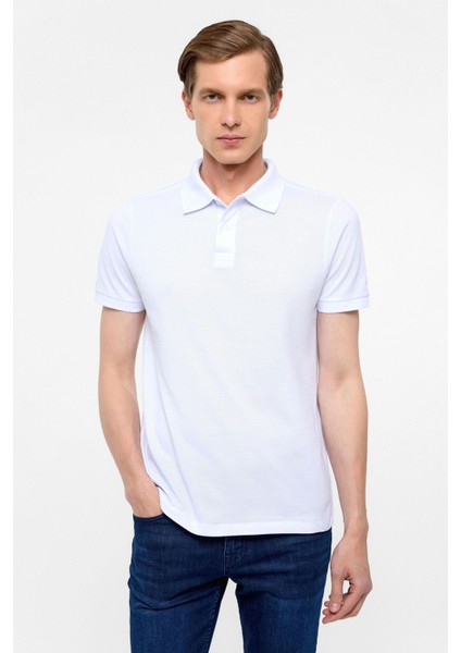 Beyaz Slim Düz Polo Yaka Tişört