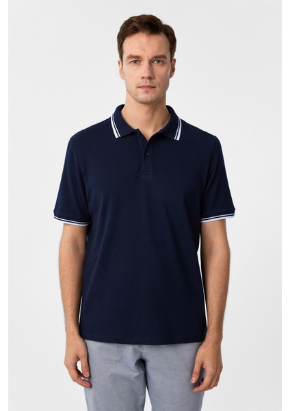 Lacivert Regular Armürlü Polo Yaka Tişört