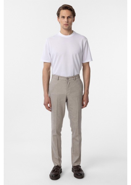 Bej Regular Armürlü Kanvas Pantolon