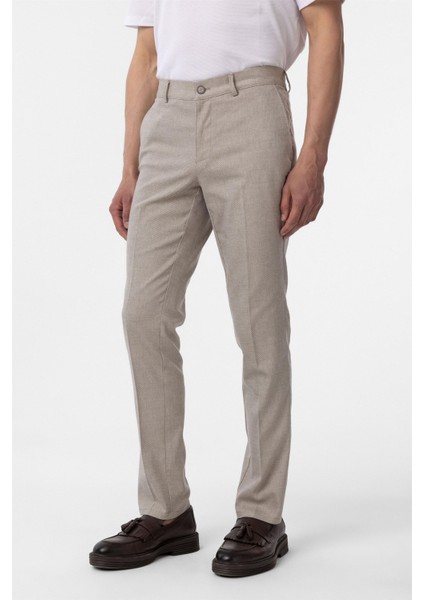 Bej Regular Armürlü Kanvas Pantolon