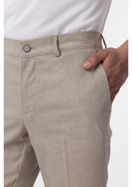 Bej Regular Armürlü Kanvas Pantolon