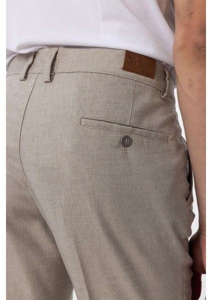 Bej Regular Armürlü Kanvas Pantolon