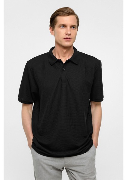 Siyah Regular Armürlü Polo Yaka Tişört