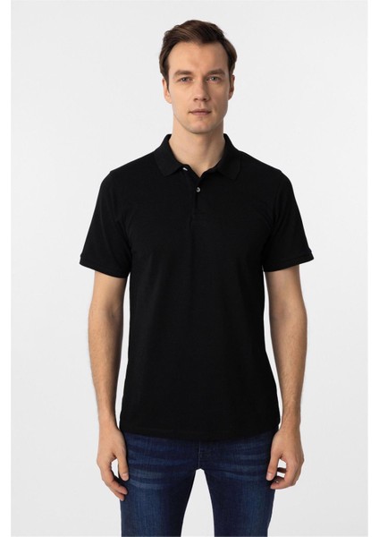 Siyah Regular Armürlü Polo Yaka Tişört
