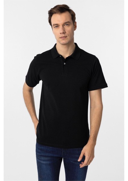 Siyah Regular Armürlü Polo Yaka Tişört