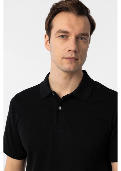 Siyah Regular Armürlü Polo Yaka Tişört