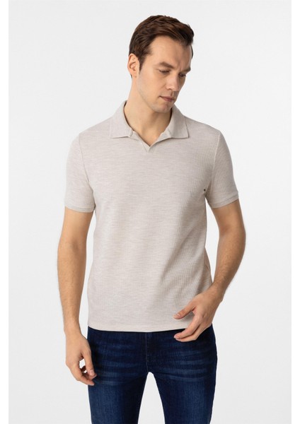 Bej Slim Fit Armürlü Polo Yaka Tişört modelleri