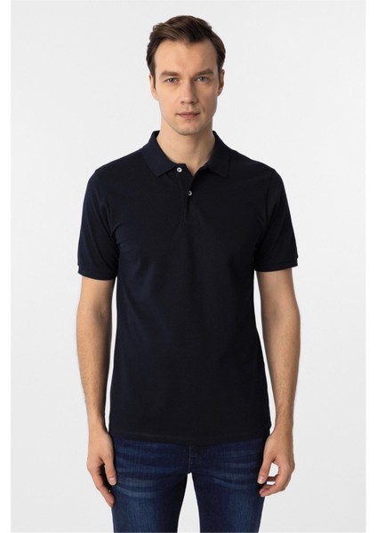 Lacivert Regular Armürlü Polo Yaka Tişört