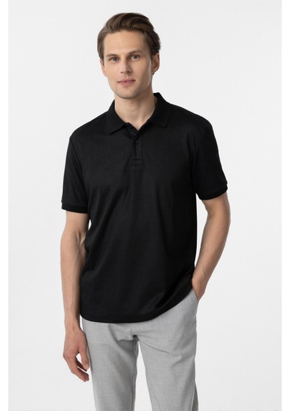 Siyah Regular Baskılı Polo Yaka Tişört