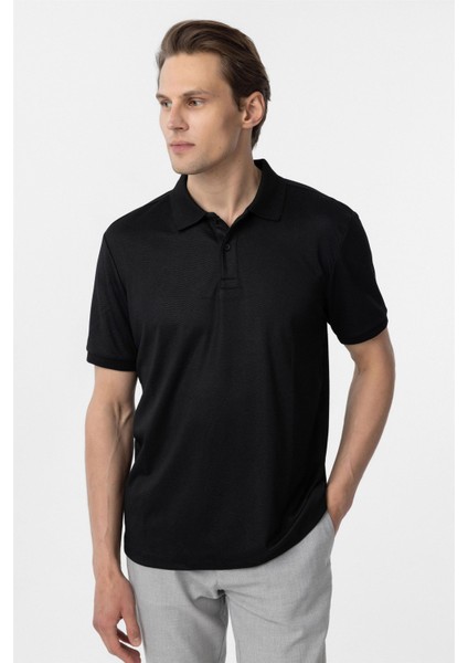 Siyah Regular Baskılı Polo Yaka Tişört