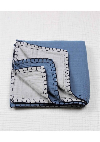Müslin Çift Taraflı El İşili Bebek Battaniye (Yıkanmıştır) 100X100 cm İndigo - Gri