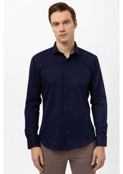 Lacivert Slim Fit Armürlü Klasik Yaka Gömlek fiyatları