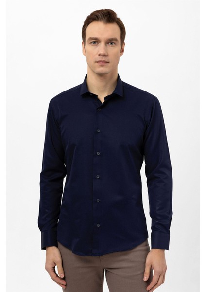 Lacivert Slim Fit Armürlü Klasik Yaka Gömlek modelleri