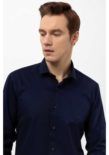 Lacivert Slim Fit Armürlü Klasik Yaka Gömlek fırsatları