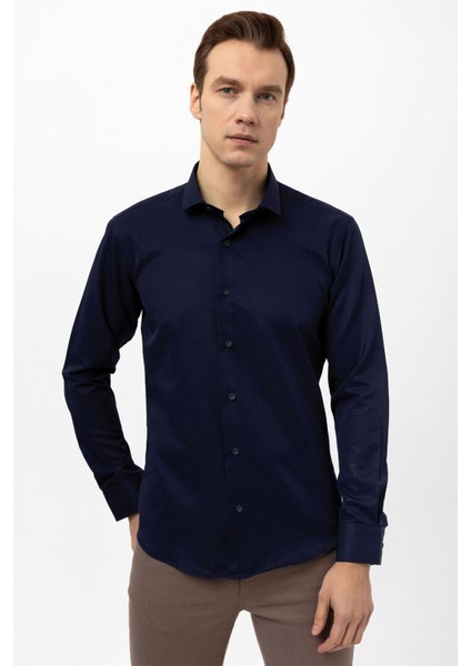 Lacivert Slim Fit Armürlü Klasik Yaka Gömlek indirimleri