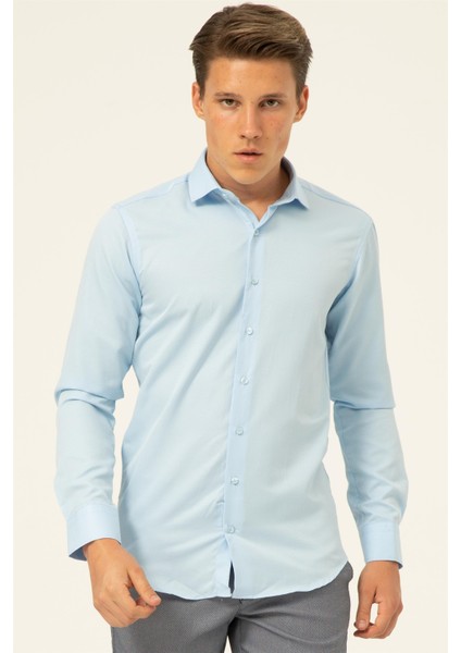 Buz Mavi Slim Fit Armürlü Klasik Yaka Gömlek