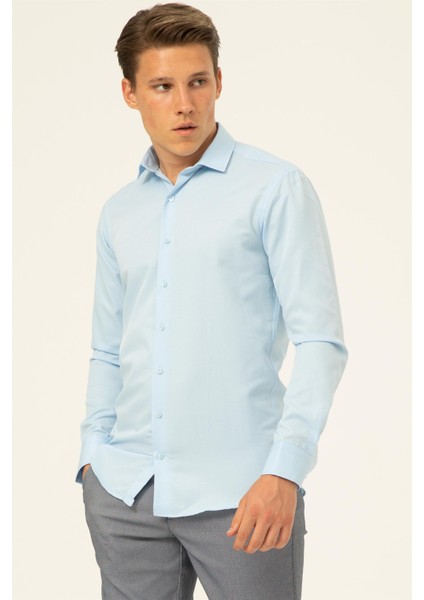 Buz Mavi Slim Fit Armürlü Klasik Yaka Gömlek fiyatları