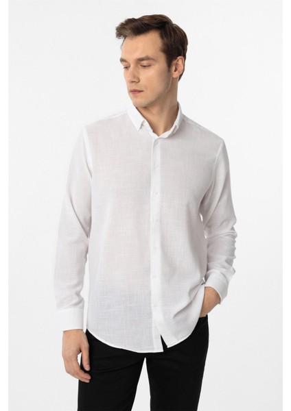 Beyaz Regular Fit Desenli Düğmeli Yaka Gömlek modelleri