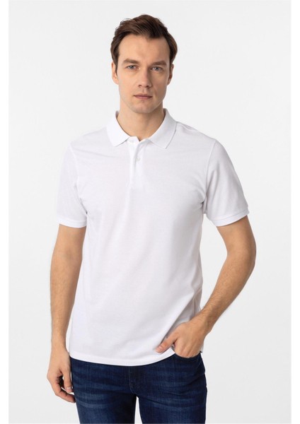 Beyaz Regular Armürlü Polo Yaka Tişört