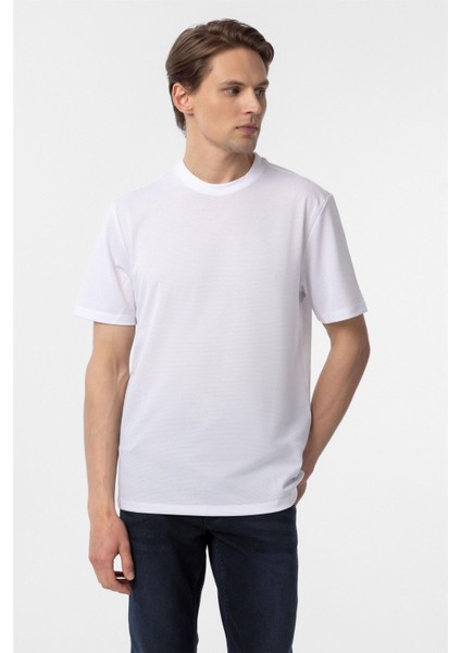 Beyaz Slim Fit Armürlü Bisiklet Yaka Tişört