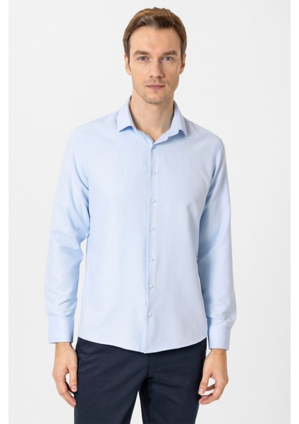 Buz Mavi Slim Fit Desenli Klasik Yaka Gömlek