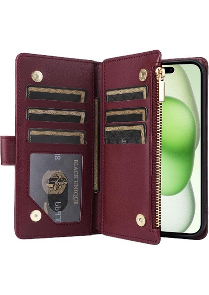 IPhone 15 Için Flip Case Darbeye Kart Yuvaları Cüzdan Kayış (Yurt Dışından) modelleri