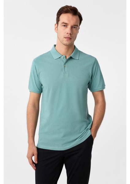 Su Yeşili Slim Fit Armürlü Polo Yaka Tişört