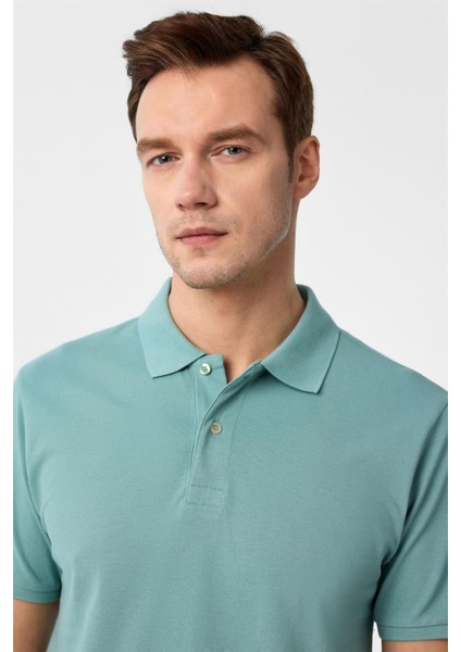 Su Yeşili Slim Fit Armürlü Polo Yaka Tişört fiyatları