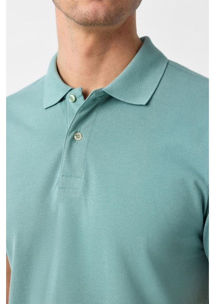 Su Yeşili Slim Fit Armürlü Polo Yaka Tişört modelleri