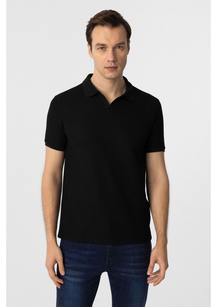 Siyah Slim Fit Armürlü Polo Yaka Tişört