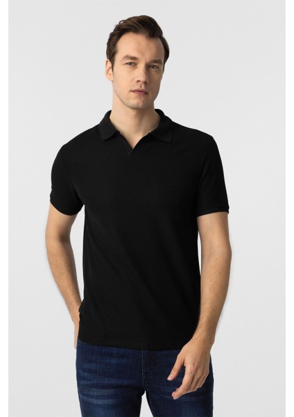 Siyah Slim Fit Armürlü Polo Yaka Tişört fiyatları