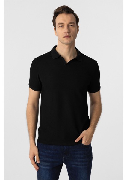 Siyah Slim Fit Armürlü Polo Yaka Tişört modelleri