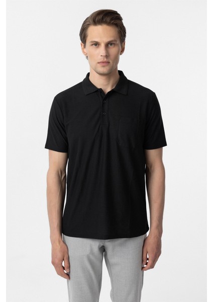 Siyah Regular Armürlü Polo Yaka Tişört
