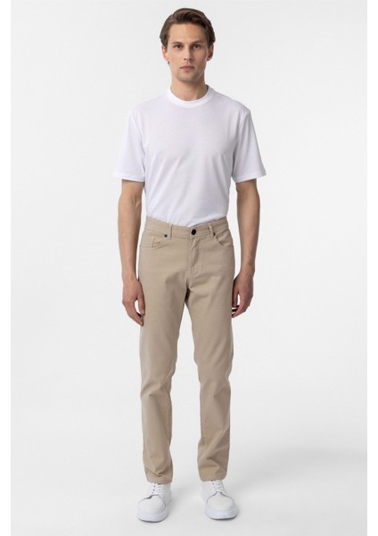 Bej Slim Fit Düz Kanvas Pantolon
