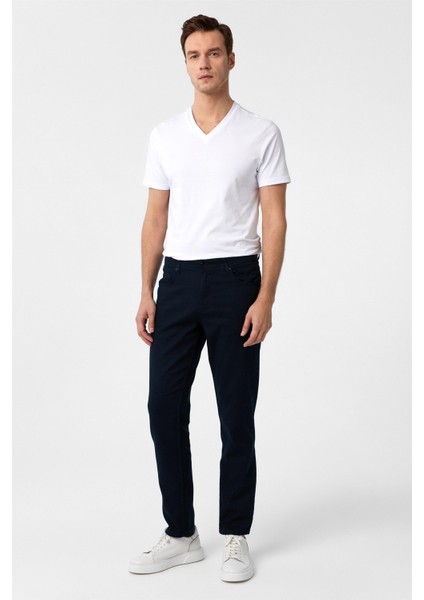Lacivert Slim Fit 5 Cep Kalıp Armürlü Kanvas Pantolon