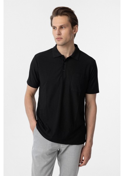 Siyah Regular Armürlü Polo Yaka Tişört