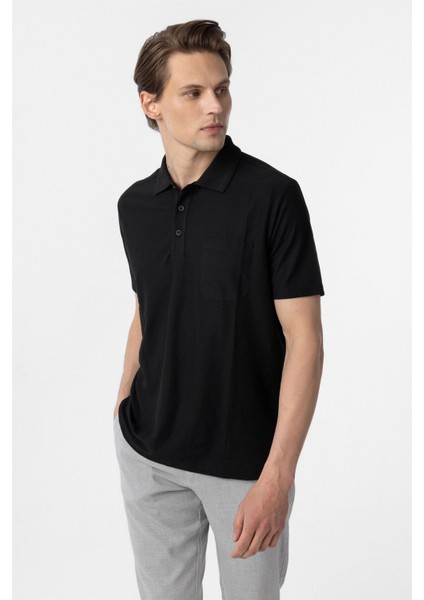 Siyah Regular Armürlü Polo Yaka Tişört