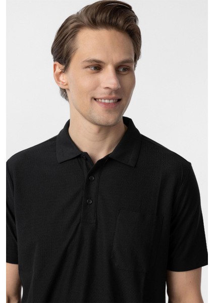 Siyah Regular Armürlü Polo Yaka Tişört