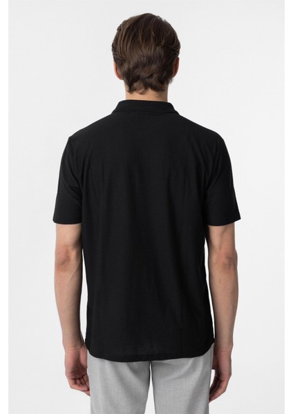 Siyah Regular Armürlü Polo Yaka Tişört