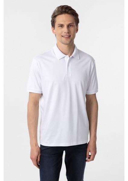 Beyaz Regular Baskılı Polo Yaka Tişört