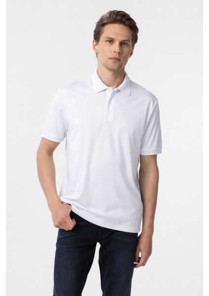 Beyaz Regular Baskılı Polo Yaka Tişört