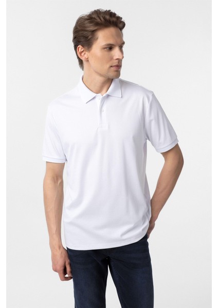 Beyaz Regular Baskılı Polo Yaka Tişört