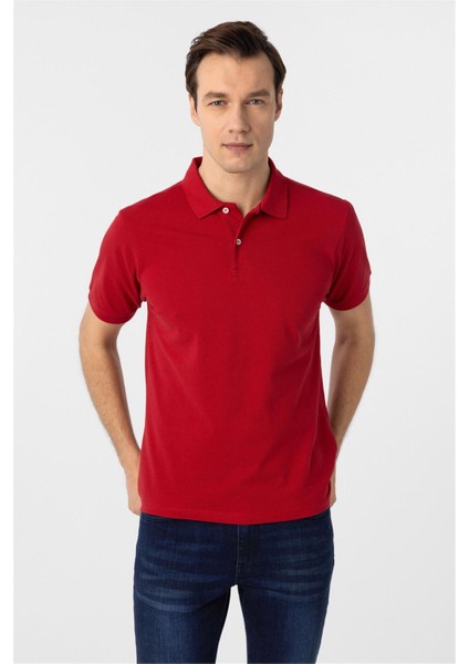 Kırmızı Regular Armürlü Polo Yaka Tişört