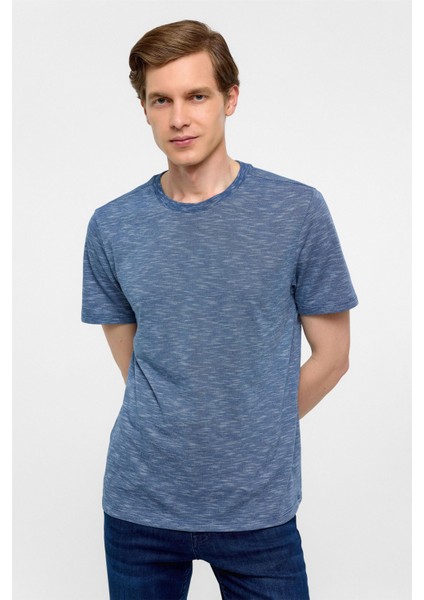 Saks Mavi Regular Armürlü Bisiklet Yaka Tişört