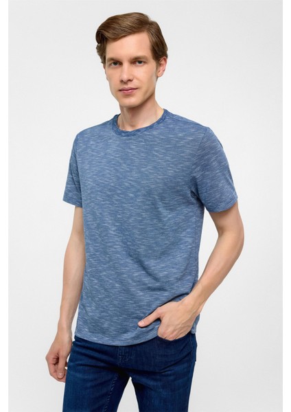 Saks Mavi Regular Armürlü Bisiklet Yaka Tişört modelleri