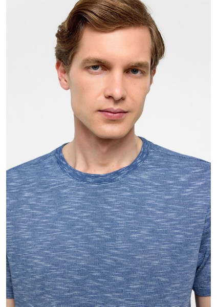 Saks Mavi Regular Armürlü Bisiklet Yaka Tişört fırsatları