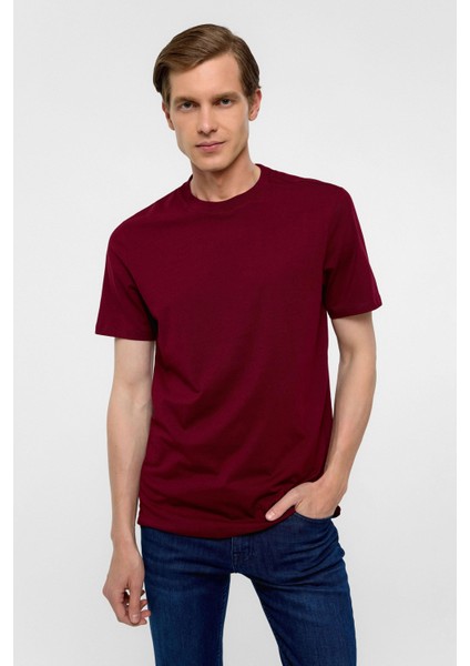 Koyu Bordo Regular Düz Bisiklet Yaka Tişört